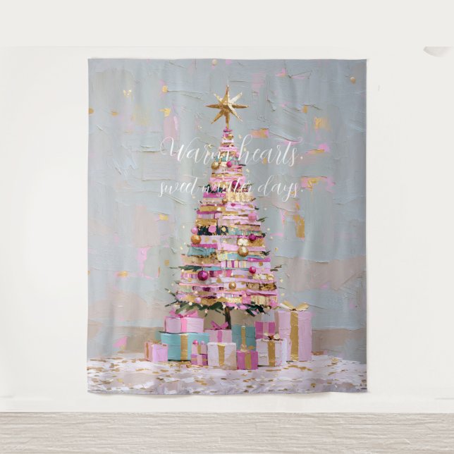 Impasto-Rosa-und-Gold-Weihnachtsbaum Wandteppich (Vorderseite)