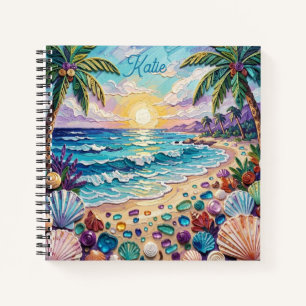 Impasto-Strand und Meeresglas-Sonnenuntergang und  Notizbuch