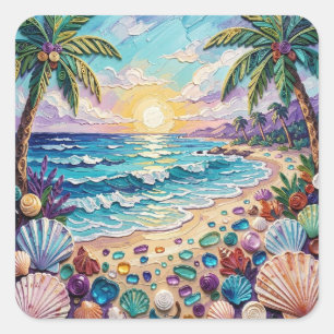 Impasto-Strand und Meeresglas-Sonnenuntergang und  Quadratischer Aufkleber