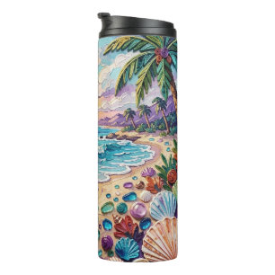 Impasto-Strand und Meeresglas Sonnenuntergang und Thermosbecher