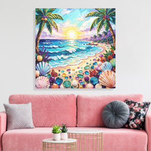 Impasto-Strand und Meerwasserglas-Sonnenuntergang Leinwanddruck