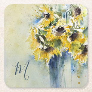 Impressionist-Aquarell-Sonnenblumen mit Monogramm Rechteckiger Pappuntersetzer