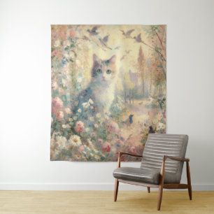 Impressionist Cat and Floral Tapestes Wandteppich