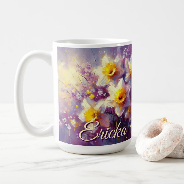 Impressionist Daffodil Floral Lila Personalisiert Kaffeetasse (Mit Donut)