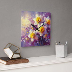 Impressionist Daffodin Lila Gelbe Kunst Quadratische Wanduhr