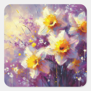 Impressionist Daffodin Lila Gelbe Kunst Quadratischer Aufkleber