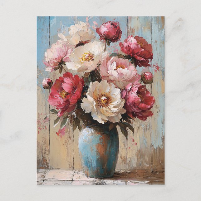 Impressionist Pink Blume Blue Vase Postkarte (Vorderseite)