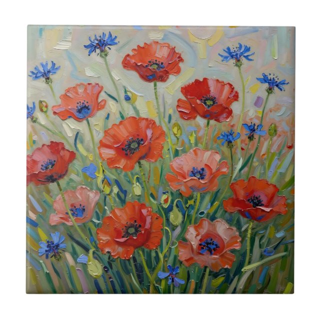 Impressionist Red Poppy Field Fliese (Vorderseite)