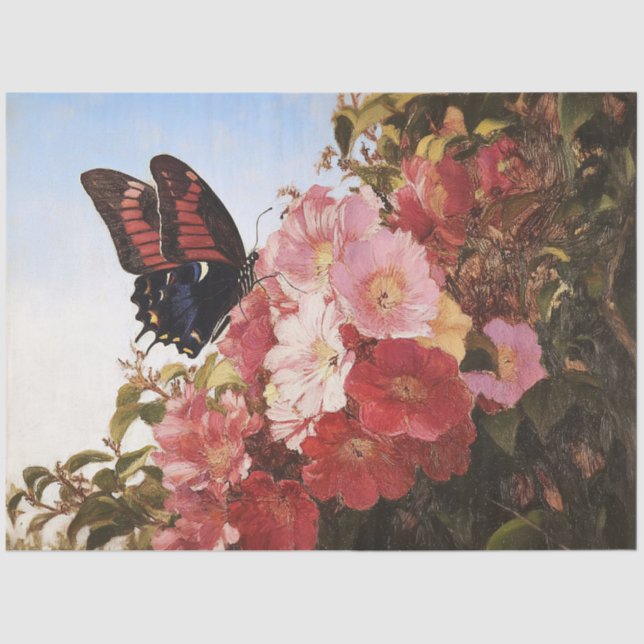 Impressionist Schmetterling und rosa Blume Dekoupa Seidenpapier (Vorderseite)