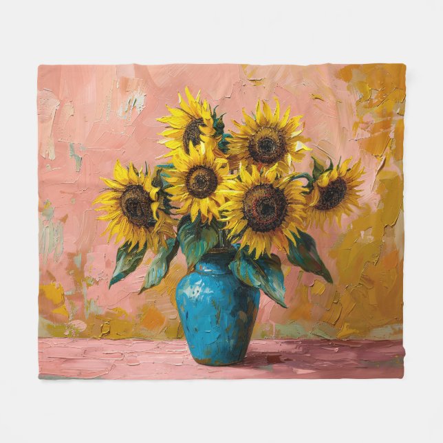Impressionist Sonnenblumen in einer blauen Vase Fleecedecke (Vorderseite (Horizontal))