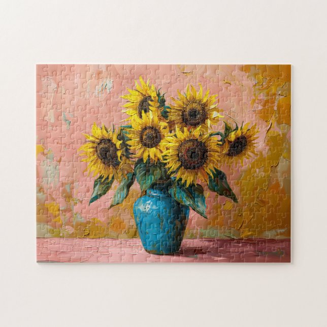 Impressionist Sonnenblumen in einer blauen Vase Puzzle (Horizontal)