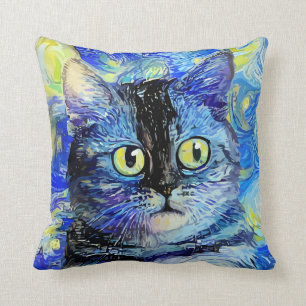 Impressionist Starry Night Tabby Cat Portrait Kissen