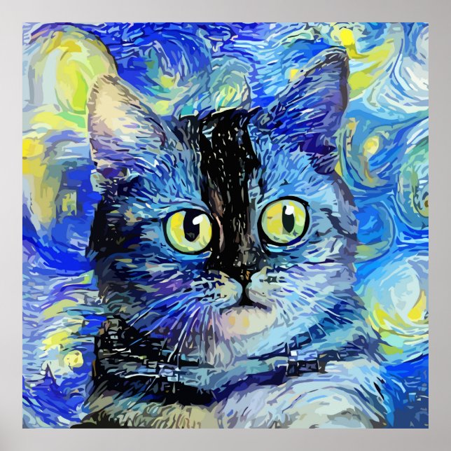 Impressionist Starry Night Tabby Cat Portrait Poster (Vorne)
