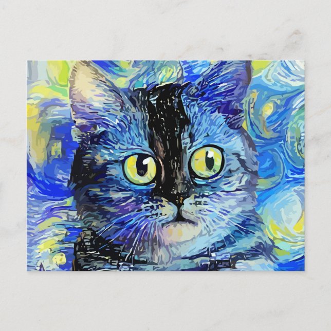 Impressionist Starry Night Tabby Cat Portrait Postkarte (Vorderseite)