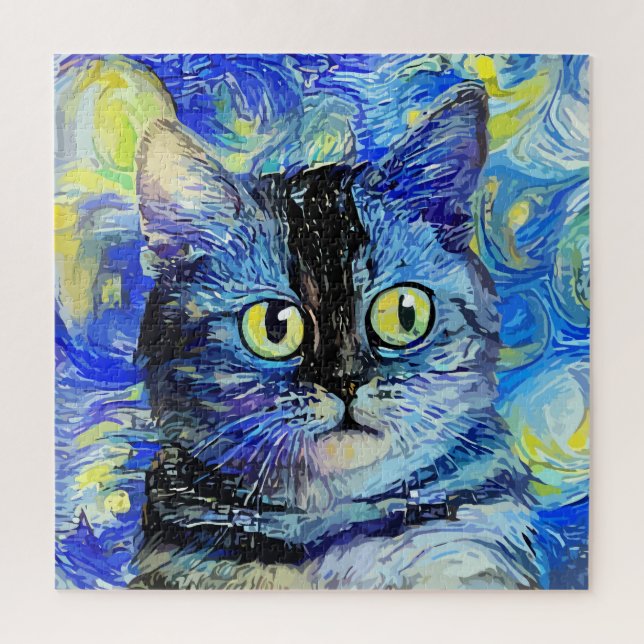 Impressionist Starry Night Tabby Cat Portrait Puzzle (Vertikal)