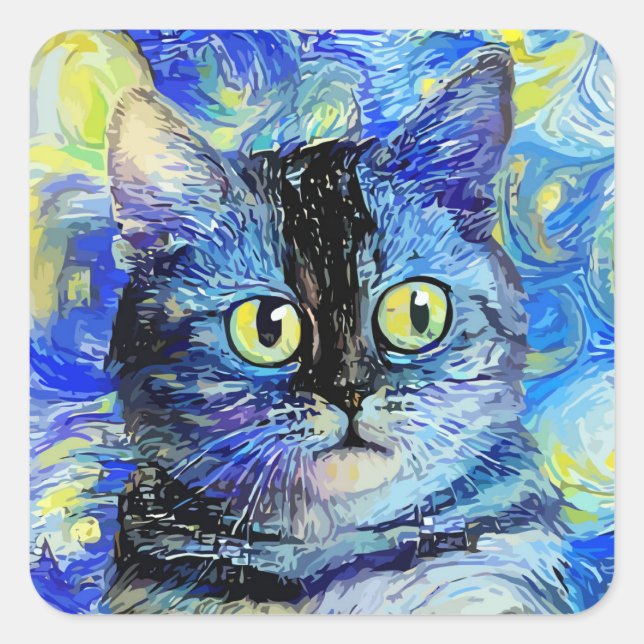 Impressionist Starry Night Tabby Cat Portrait Quadratischer Aufkleber (Vorderseite)