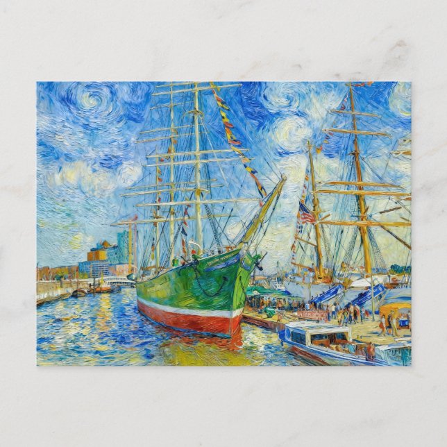 Impressionist Tall Ship in Hamburg Harbor with Ref Postkarte (Vorderseite)