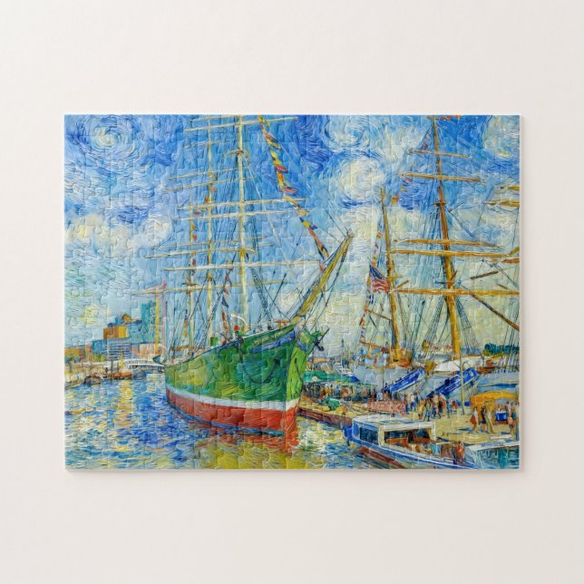 Impressionist Tall Ship in Hamburg Harbor with Ref Puzzle (Horizontal)