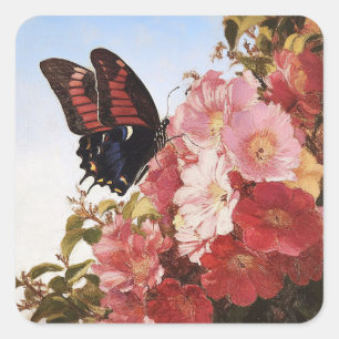 Impressionistin Butterfly und rosa Blume Quadratischer Aufkleber