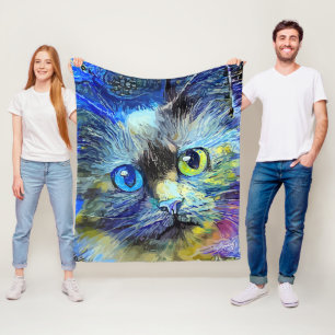 Impressionistin Cat Portrait Blue Yellow Black Fleecedecke