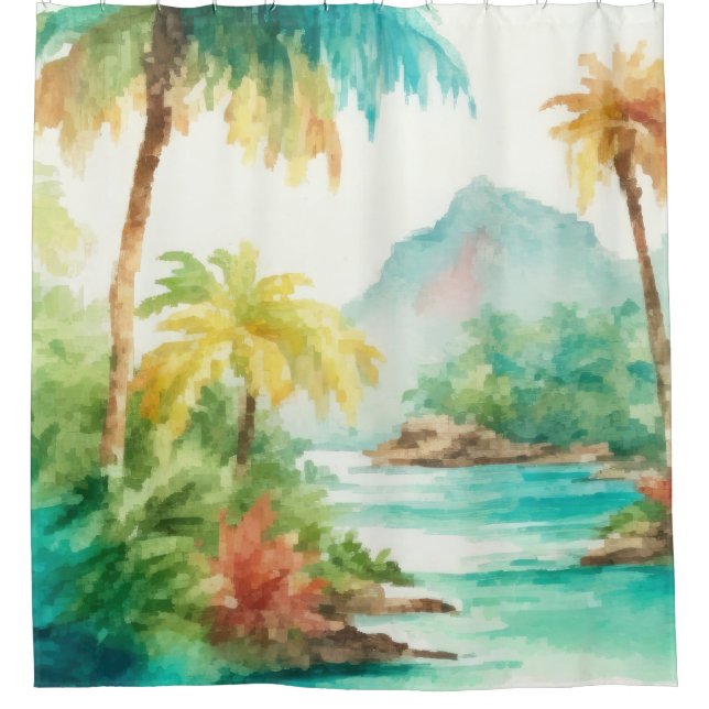 Impressionistin Watercolor Tropical Island Szene Duschvorhang (Vorderseite)