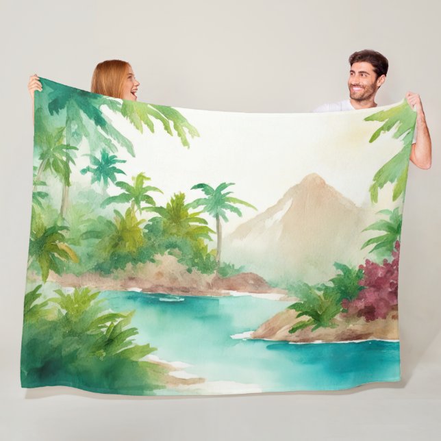 Impressionistin Watercolor Tropical Island Szene Fleecedecke (Beispiel)