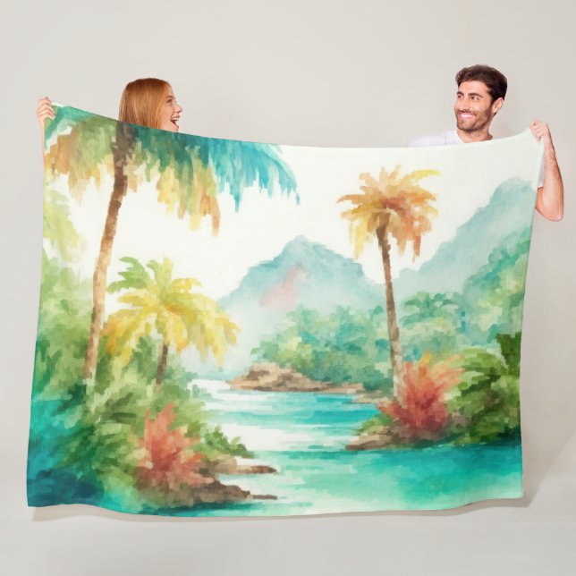 Impressionistin Watercolor Tropical Island Szene Fleecedecke (Beispiel)