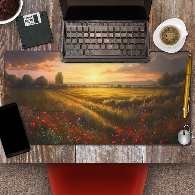 Impressionistisch Mohnfeld Sonnenuntergang Landsch Schreibtischunterlage (Desk mat featuring an impressionist painting of a sunset on a field with poppies.)