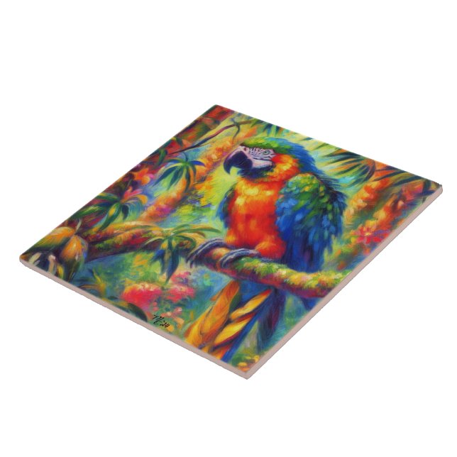 Impressionistisch tropischer Papagei Bird Blue Gre Fliese (Seite)