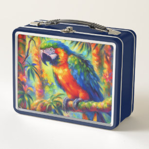 Impressionistisch tropischer Papagei Bird Blue Gre Metall Brotdose
