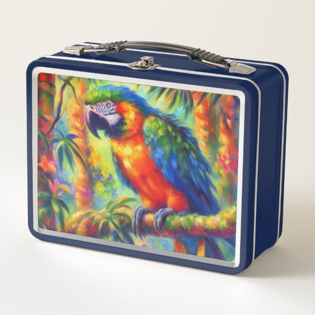Impressionistisch tropischer Papagei Bird Blue Gre Metall Brotdose (Vorderseite)