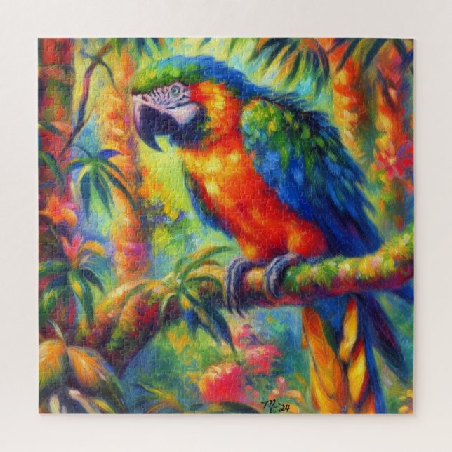 Impressionistisch tropischer Papagei Bird Blue Gre Puzzle (Vertikal)
