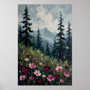 Impressionistische Berglandschaft mit Wildblumen Poster