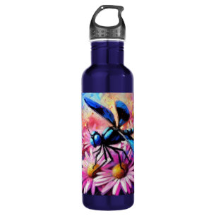 Impressionistische Dragonfly On Pink Daisis Floral Edelstahlflasche