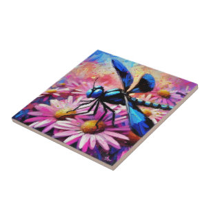 Impressionistische Dragonfly On Pink Daisis Floral Fliese