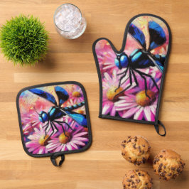 Impressionistische Dragonfly On Pink Daisis Floral Ofenhandschuh & Topflappen-Set
