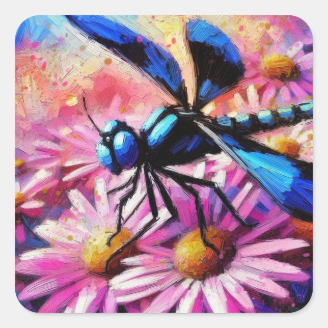 Impressionistische Dragonfly On Pink Daisis Floral Quadratischer Aufkleber (Vorderseite)