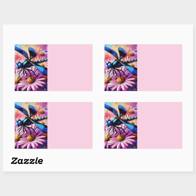 Impressionistische Dragonfly On Pink Daisis Floral Rechteckiger Aufkleber (Blatt)