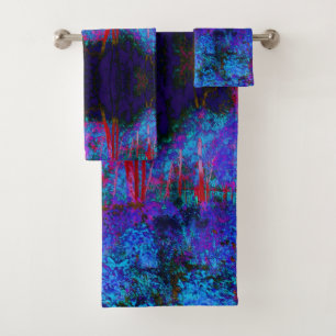 Impressionistische dunkelblaue und rote Gartenland Badhandtuch Set
