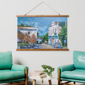 Impressionistische europäische Stadtlandschaft auf Wandteppich Mit Holzrahmen