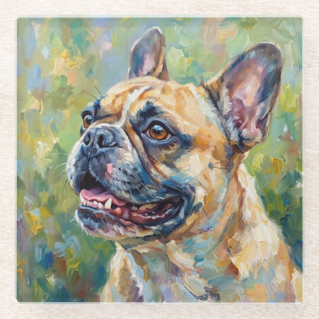 Impressionistische Französische-Bulldogge-Kunst-Un Glasuntersetzer (Vorderseite)
