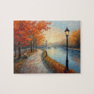 Impressionistische Herbst-Fluss-Promenade-Laternen Puzzle
