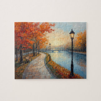 Impressionistische Herbst-Fluss-Promenade-Laternen Puzzle