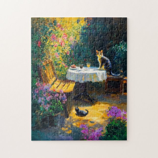Impressionistische Katzen im Garten Puzzle (Vertikal)