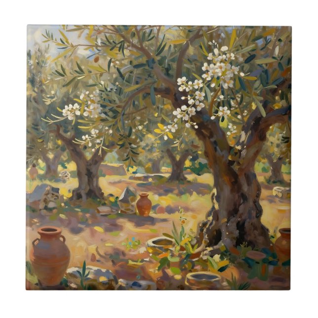Impressionistische Olivenhain-Szene Fliese (Vorderseite)