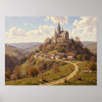 Impressionistische Ölmalerei Kirchweg auf dem Hüge Poster