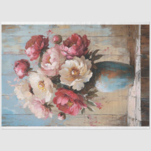 Impressionistische rosa Blumen blaue Vase Decoupag Seidenpapier