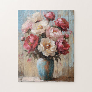 Impressionistische rosa Blumen blaue Vase Puzzle