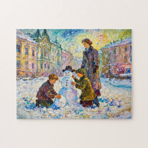 Impressionistische Winterplatzszene mit spielenden Puzzle