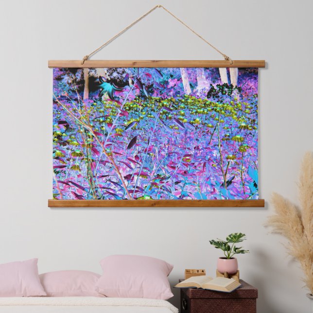 Impressionistischer Chartreuse und Aqua Garden Blu Wandteppich Mit Holzrahmen (Schlafzimmer)